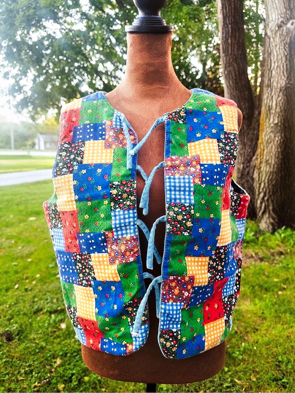 Vintage Handmade Reversible Patchwork Denim Vest Tie Front Cottagecore